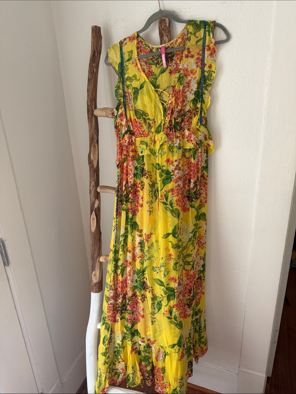 Plenty by Tracy Reese Yellow Floral Sheer Ruffle Flowy Maxi Dress Medium